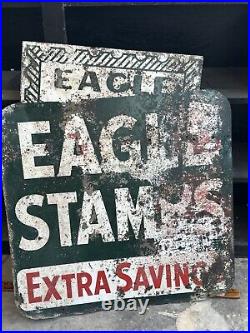 Vintage Eagle Stamp Heavy Metal Painted Double Sided Sign Original Advertisement