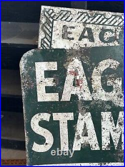 Vintage Eagle Stamp Heavy Metal Painted Double Sided Sign Original Advertisement