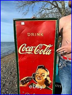 Vintage Early Coca Cola Soda Pop Lady With bottle graphic Metal Sign Coke 54X18