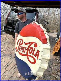 Vintage Early Lg 36in Pepsi Cola Soda Pop Metal bottle Cap Sign Coke
