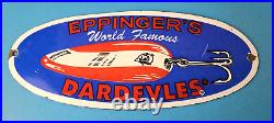 Vintage Eppinger's Dardevles Sign Fishing Lures Porcelain Gas Pump Sign