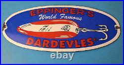 Vintage Eppinger's Dardevles Sign Fishing Lures Porcelain Gas Pump Sign