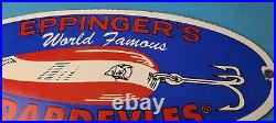 Vintage Eppinger's Dardevles Sign Fishing Lures Porcelain Gas Pump Sign