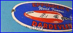 Vintage Eppinger's Dardevles Sign Fishing Lures Porcelain Gas Pump Sign