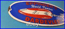 Vintage Eppinger's Dardevles Sign Fishing Lures Porcelain Gas Pump Sign