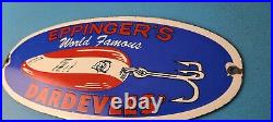 Vintage Eppinger's Dardevles Sign Fishing Lures Porcelain Gas Pump Sign