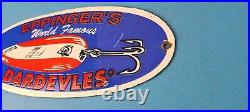 Vintage Eppinger's Dardevles Sign Fishing Lures Porcelain Gas Pump Sign