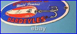 Vintage Eppinger's Dardevles Sign Fishing Lures Porcelain Gas Pump Sign