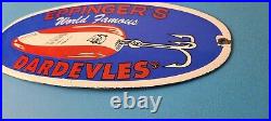 Vintage Eppinger's Dardevles Sign Fishing Lures Porcelain Gas Pump Sign