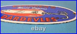 Vintage Eppinger's Dardevles Sign Fishing Lures Porcelain Gas Pump Sign