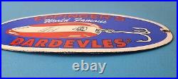 Vintage Eppinger's Dardevles Sign Fishing Lures Porcelain Gas Pump Sign