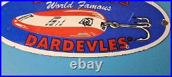 Vintage Eppinger's Dardevles Sign Fishing Lures Porcelain Gas Pump Sign