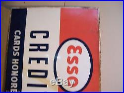 Vintage Esso Credit Card Honored Porcelain Pole Sign w Brackets-Gas Station-Oil