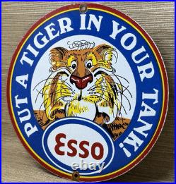 Vintage Esso Gasoline Porcelain Sign Put A Tiger In Your Tank Gas Oil Pump Plate