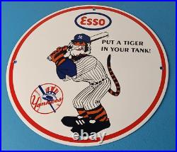 Vintage Esso Gasoline Sign Advertising Gas Pump Yankee Baseball Porcelain Sign