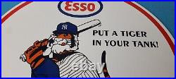 Vintage Esso Gasoline Sign Advertising Gas Pump Yankee Baseball Porcelain Sign