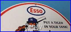 Vintage Esso Gasoline Sign Advertising Gas Pump Yankee Baseball Porcelain Sign