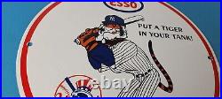 Vintage Esso Gasoline Sign Advertising Gas Pump Yankee Baseball Porcelain Sign