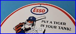 Vintage Esso Gasoline Sign Advertising Gas Pump Yankee Baseball Porcelain Sign