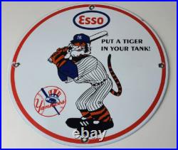 Vintage Esso Gasoline Sign Advertising Gas Pump Yankee Baseball Porcelain Sign