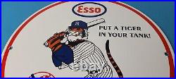 Vintage Esso Gasoline Sign Advertising Gas Pump Yankee Baseball Porcelain Sign