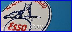 Vintage Esso Gasoline Sign Guard Dog Shepard Gas Service Porcelain Sign