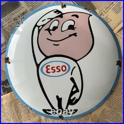 Vintage Esso Oil Drop Boy 12 Inch Convex Porcelain Enamel Sign