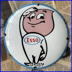 Vintage Esso Oil Drop Boy 12 Inch Convex Porcelain Enamel Sign