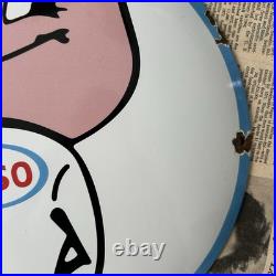 Vintage Esso Oil Drop Boy 12 Inch Convex Porcelain Enamel Sign