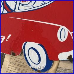 Vintage Esso Oil Drop Boy & Girl Car 20x14 Inches Porcelain Enamel Sign