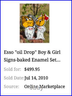 Vintage Esso Oil Drop Boy & Girl Pair 12 Metal Gasoline Oil Advertising Sign 2