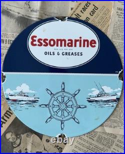 Vintage Essomarine Oils & Greases Gas Motor 12 Inch Porcelain Enamel Sign