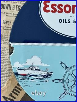 Vintage Essomarine Oils & Greases Gas Motor 12 Inch Porcelain Enamel Sign