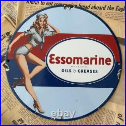 Vintage Essomarine Oils & Greases Motor Gas Pump 12 Inch Porcelain Enamel Sign