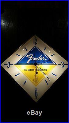 Vintage Fender Guitar Pam Illuminted Dealer Clock Lighted Sign