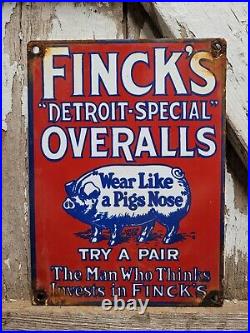 Vintage Fincks Porcelain Sign Detroit Overalls Pants Worker Clothing Factory 9x7
