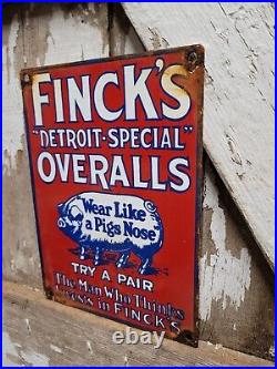 Vintage Fincks Porcelain Sign Detroit Overalls Pants Worker Clothing Factory 9x7