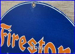 Vintage Firestone Tires Porcelain Sign Auto Repair Gas Station Motor Oil Pump