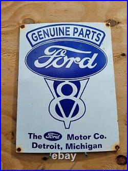 Vintage Ford Porcelain Sign V8 Engine Genuine Parts Tractor Gas Dealer Detroit