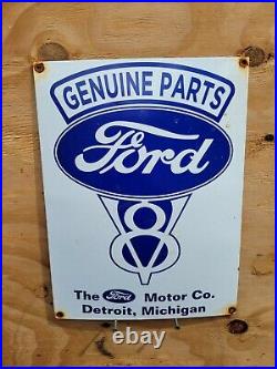 Vintage Ford Porcelain Sign V8 Engine Genuine Parts Tractor Gas Dealer Detroit