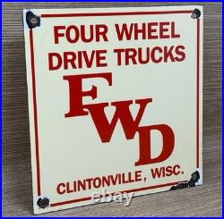 Vintage Four Wheel Drive Trucks Porcelain Sign Repair Shop Gas Oil Wisconsin