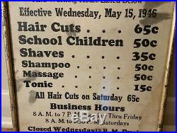 Vintage Framed 1940s Barber Shop Price List Sign
