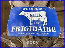 Vintage Frigidaire Porcelain Sign Dairy Farmers Cow Milk Cream Barn Gas Oil GM