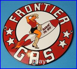 Vintage Frontier Gasoline Glossy Porcelain Enamel Gas Pump Service Station Sign