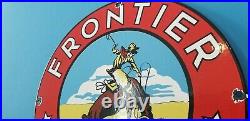 Vintage Frontier Gasoline Porcelain Gas Service Cowboy Western Pump Plate Sign