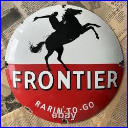 Vintage Frontier Gasoline Rarin'-to-go 12 Inch Convex Porcelain Enamel Sign
