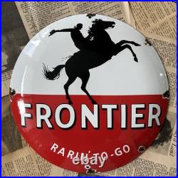 Vintage Frontier Gasoline Rarin'-to-go 12 Inch Convex Porcelain Enamel Sign