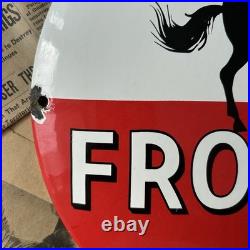 Vintage Frontier Gasoline Rarin'-to-go 12 Inch Convex Porcelain Enamel Sign