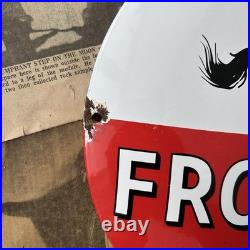 Vintage Frontier Gasoline Rarin'-to-go 12 Inch Convex Porcelain Enamel Sign