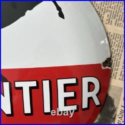 Vintage Frontier Gasoline Rarin'-to-go 12 Inch Convex Porcelain Enamel Sign